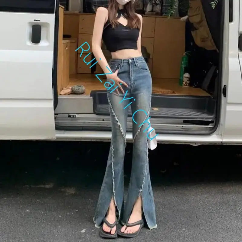 Mopping Korean Fashion Street New Flare Jeans Women Skinny High Waist Aesthetic Y2K Clothes Denim Trousers Vintage Washed Retro