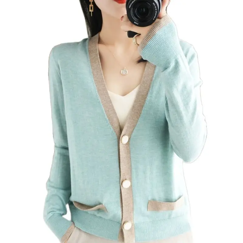 

Cardigan Women's New Spring and Autumn Single-breasted V-neck Patchwork Color Loose and Thin Sweater with Fashion Casual Basic