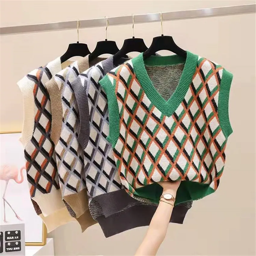 Preppy Style Vintage Sweater Vest Women V-Nek Argyle Plaid Waistcoat Sleeveless Casual Loose Pullover Coat Outwear Chaleco Mujer