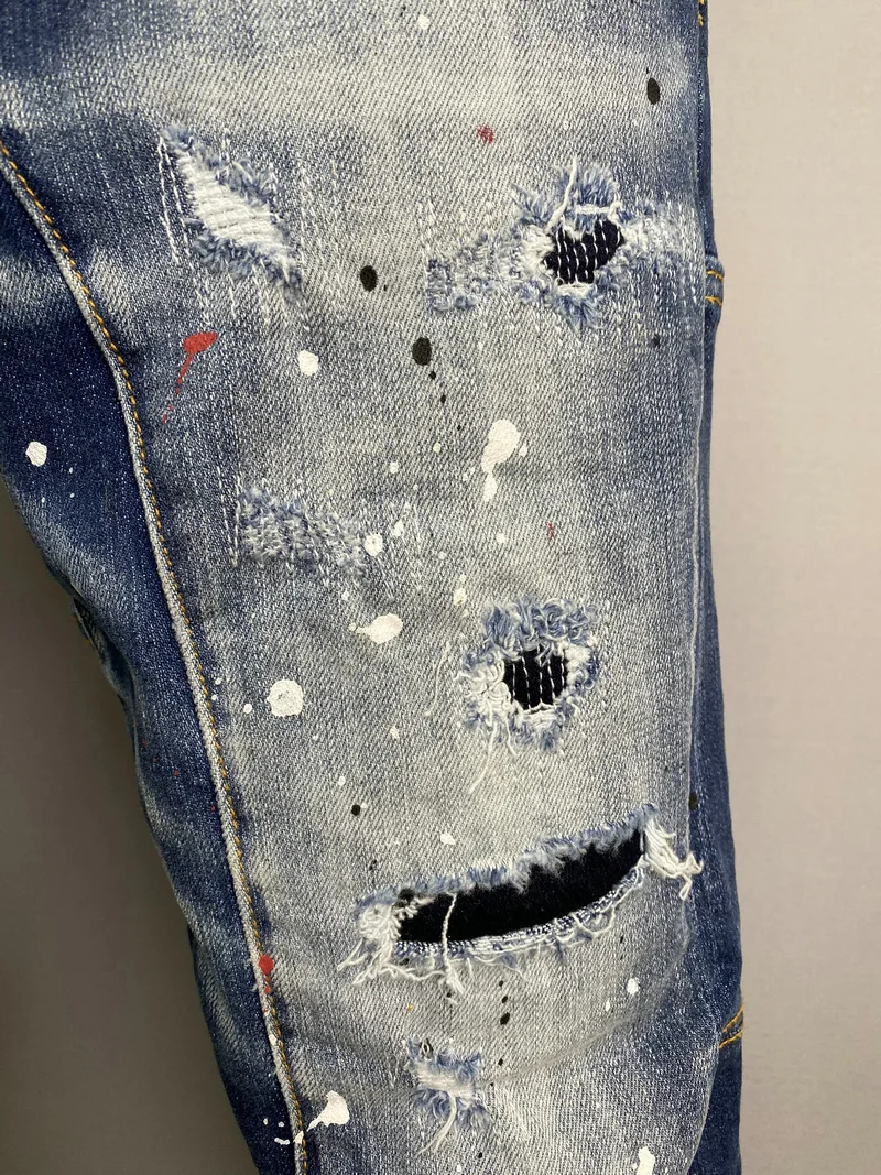 New Men's Dsquared2 Buttons Jeans Ripped For Male Skinny  Pants Men's Denim Trousers Top Quality Slim Jeans A507