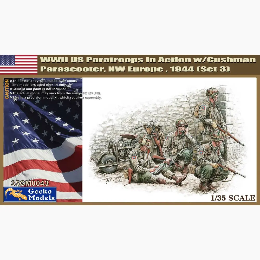 Gecko Models 35GM0043 1/35 WWII US Paratroops In Action w/Cushman Parascooter, NW Europe 1944 (Set 3) - Scale Model Kit