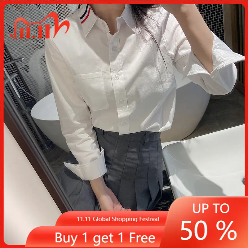 

Tide Brand TB Shirt Oxford Spinning Female White Student Female Casual Striped Couple Long Sleeve Cotton Shirt Jacket Female