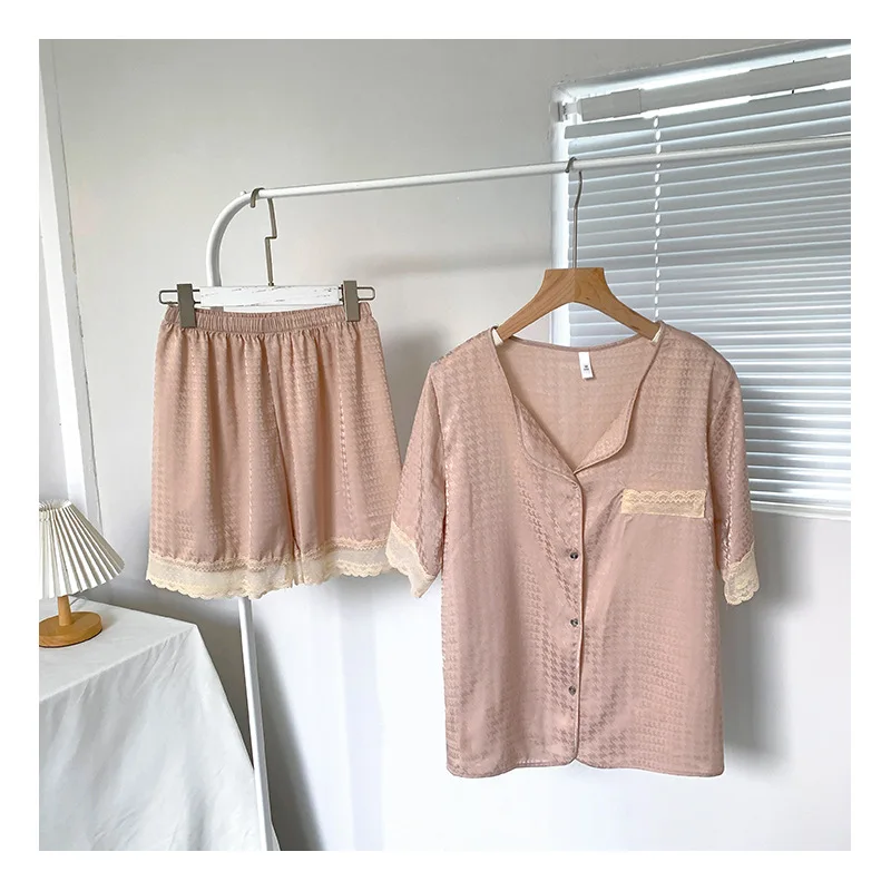 Summer Houndstooth Ice Silk Smooth Breathable Cardigan Short Sleeve Shorts Pajama Sets, Casual Loungewear,Home Clothes Sleepwear