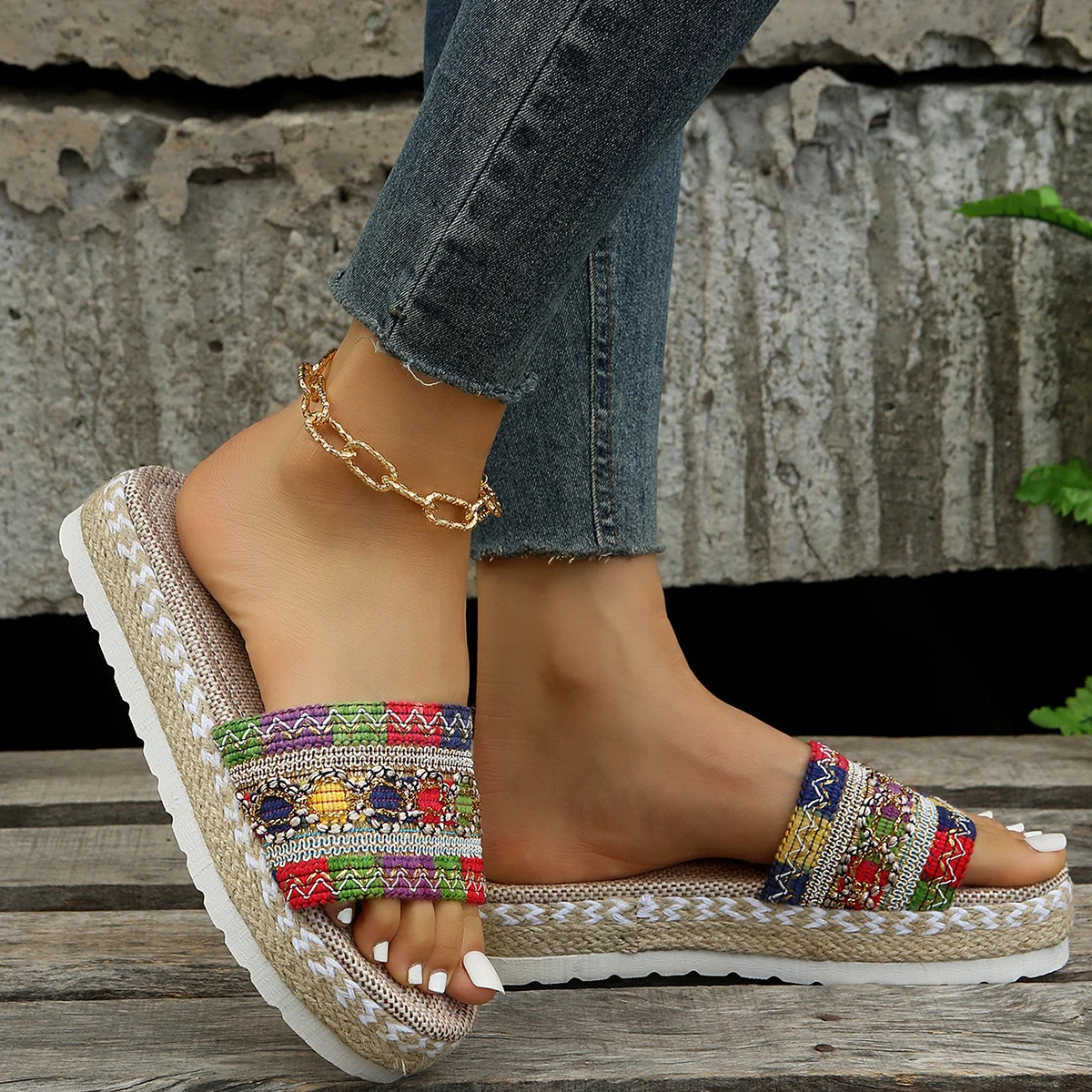 

Casual Thick Wedege Heel Slip-on Shoes Flats Vintage Ethnic Style Braide Geometry Beach Slipper Summer Peep Toe Women's Sandals