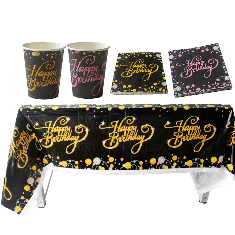 

1pcs happy birthday tablecloth black gold birthday party decorations kids adult plastic table cover 1st birthday party supplies