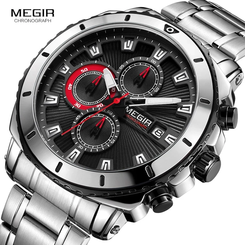 

MEGIR Männer Uhr Geschäfts Voller Stahl Quarz Uhren Chronograph Männer Casual Wasserdicht Datum Sport Uhr Uhr Relogio Masculino