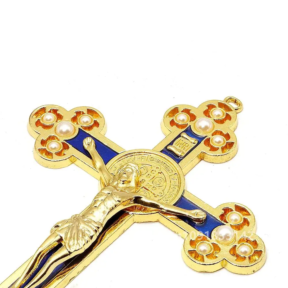 Металлический крест Исуса церковный инкрустированный жемчугом золотой crucifixo kreuz