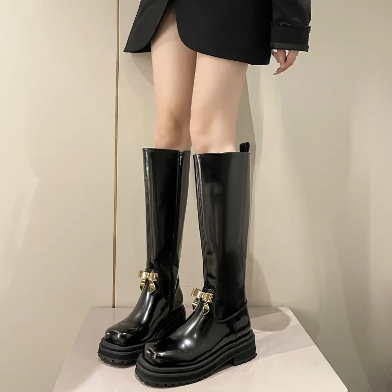 2023 New Winter Women's Boots Fashion Thick Sole Bow New Boots Warm Chain Thick Designer Botas Mujer Boots Women Platform Shoes