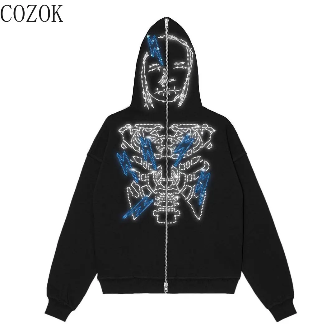 2022 Autumn and Winter New Hoodie round Neck Loose Letter Skull Zipper Halloween Sweater