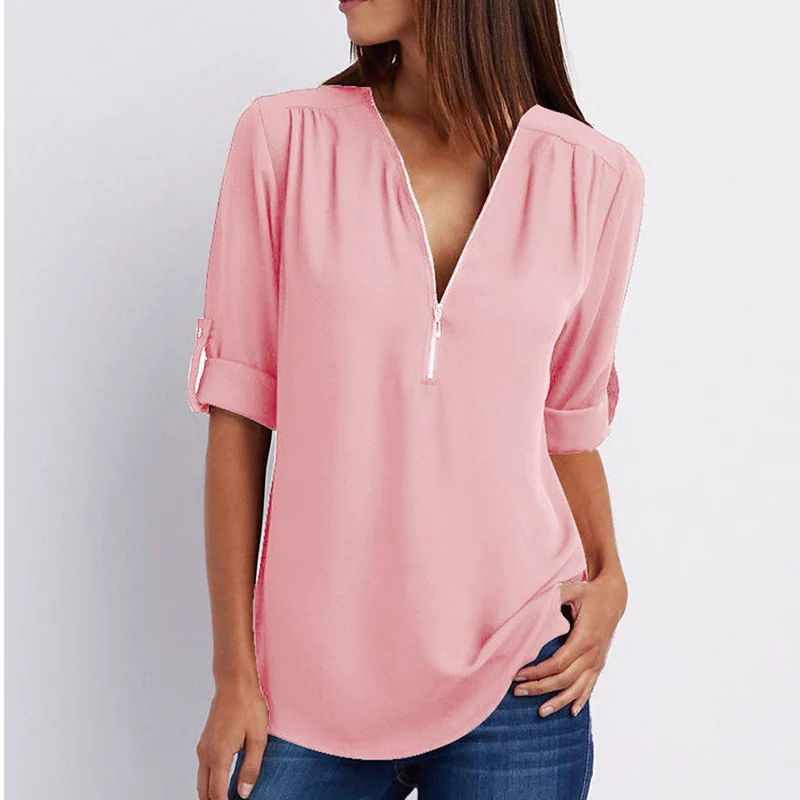 

Summer New Fashion Women T-Shirts Sexy V Neck Zipper Casual Loose Solid Tee Shirts Tops Female Clothing Plus Size XXXXL 5XL