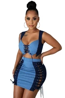 2021 new womens clothing sexy fashion wrapped chest v neck suspenders tie rope hollow denim skirt two piece suit