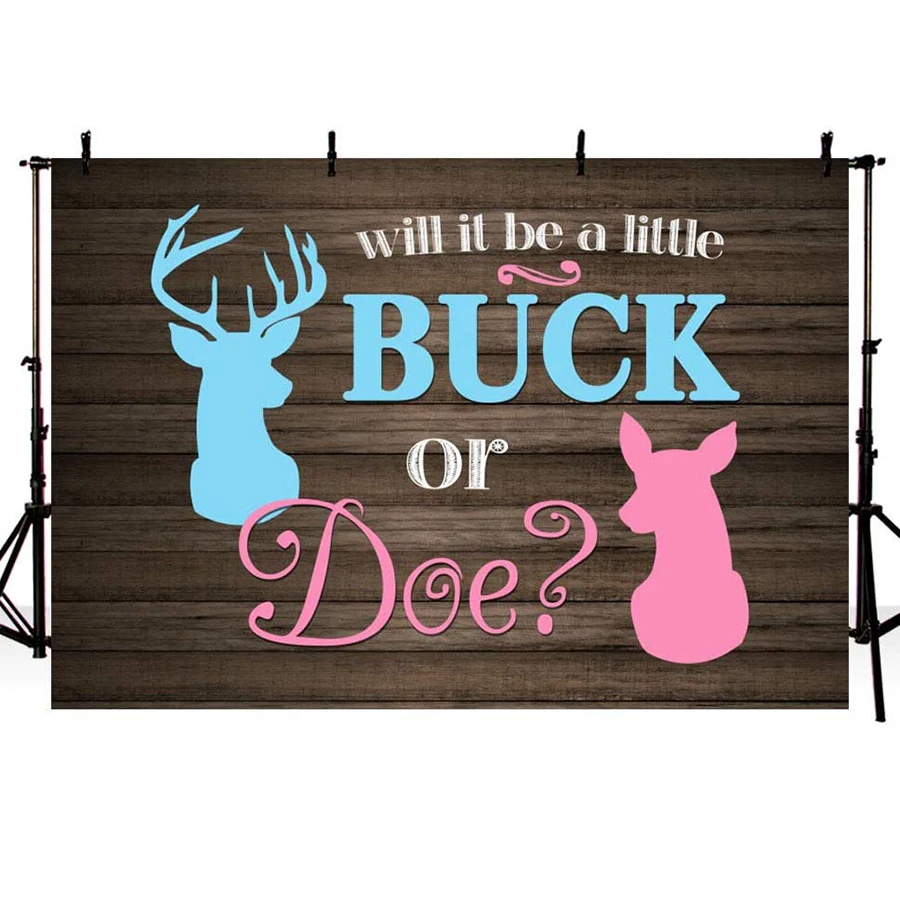 

Buck or Doe Gender Reveal Baby Shower Backdrop Rustic Wood Boy or Girl Deer Photography Background Party Dessert Table Banner
