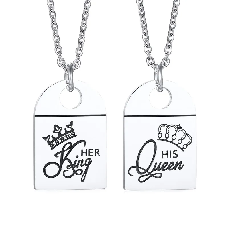 

2pcs His Queen Her King Couple Necklace Stainless Steel Crown Pendant Anniversary Valentines Gift for Lover Jewelry Ornaments