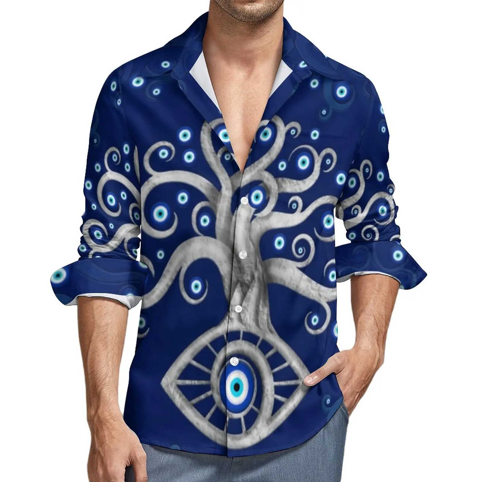 Greek Evil Eye Art Shirt Autumn Amulet Tree Print Casual Shirts Men Vintage Blouses Long Sleeve Graphic Aesthetic Top Big Size