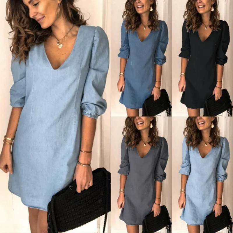 Dress for Women 2023 New Solid Color V-neck Dress Ladies Short Sleeve Casual Loose Increase Denim Bodycon Dress