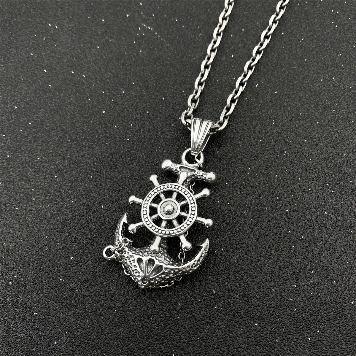 

Men's pirate captain helmsman anchor pendant couple necklace