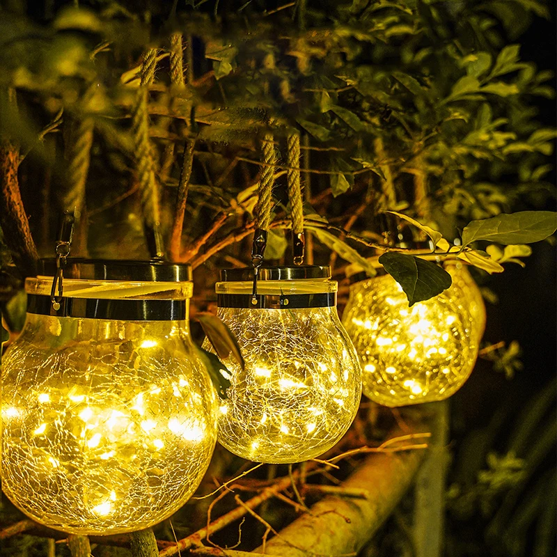 Patio Lights Led Solar Garden Light Ball Glass Jar Crack Hanging Lamp Balcony Layout Decor Christmas Waterproof Night Lights