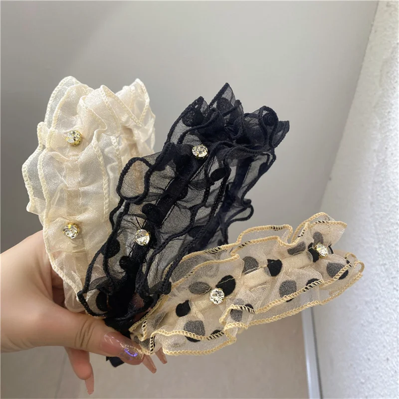 

Vintage Organza Lace Hairband for Women Black Dot Print Pearl Crystl Hair Accessories Adult Girl Korean Hair Band Hoop Headbands