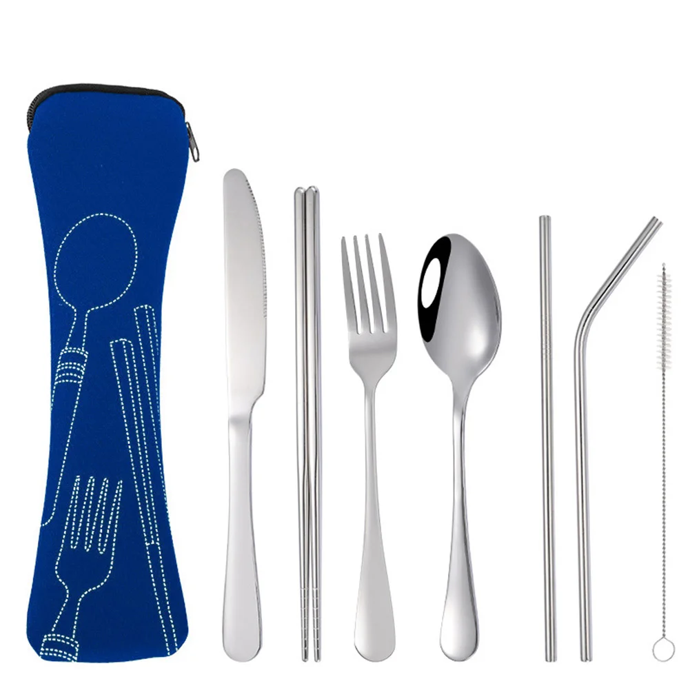 

7 Piece Set Stainless Steel Travel Cutlery Set Outdoor Travel Portable Dinnerware Set Outdoor Camping Reusable Utensil Kit Equip
