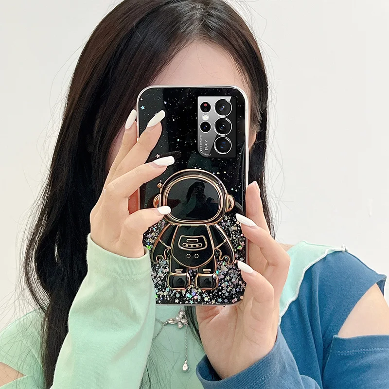 

Astronaut Folding Holder Glitter Star Sequin Phone Case For Samsung S22 Untra S21 Plus S20 FE A22 A32 A52 A13 Bracket Back Cover