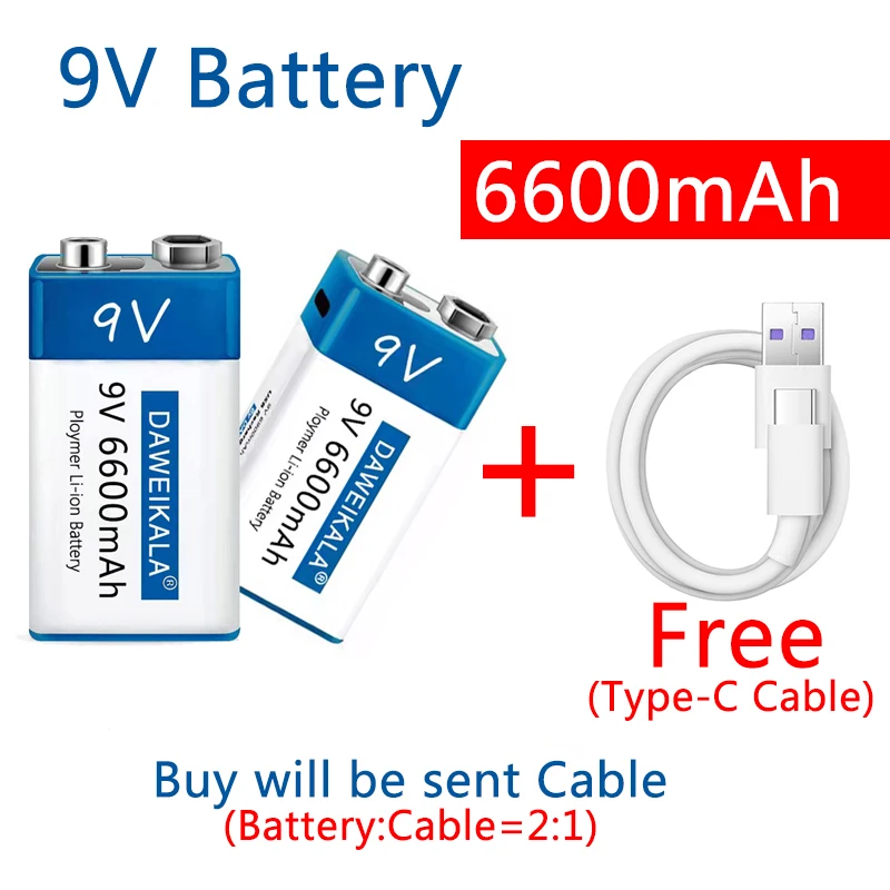 

2022 9V Battery 6600mAh li-ion Rechargeable battery Type-C USB Batteries 9V lithium for Multimeter Microphone Toy Remote Control