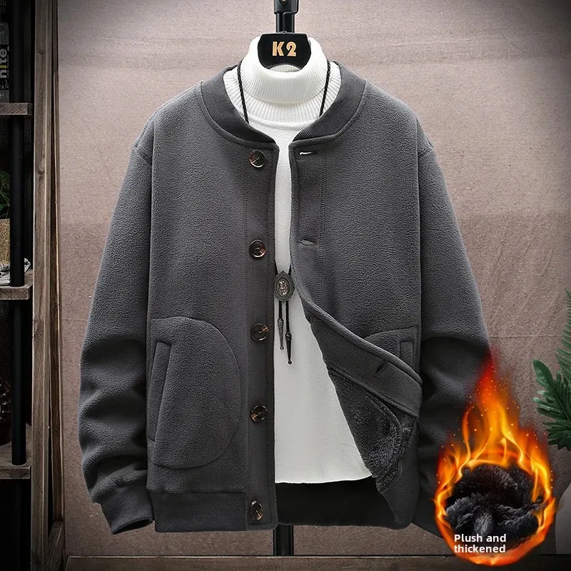 Wholesale Men's Fleece-Lined and Thickened Round Neck Cardigan Sweatshirt Autumn Winter Fleece Jacket Casual Loose Top Outerwear