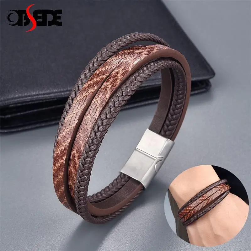 

Модные кожаные браслеты для мужчин из нержавеющей стали Многослойные Коричневые Плетеные веревочные браслеты для мужчин браслет на запяст...