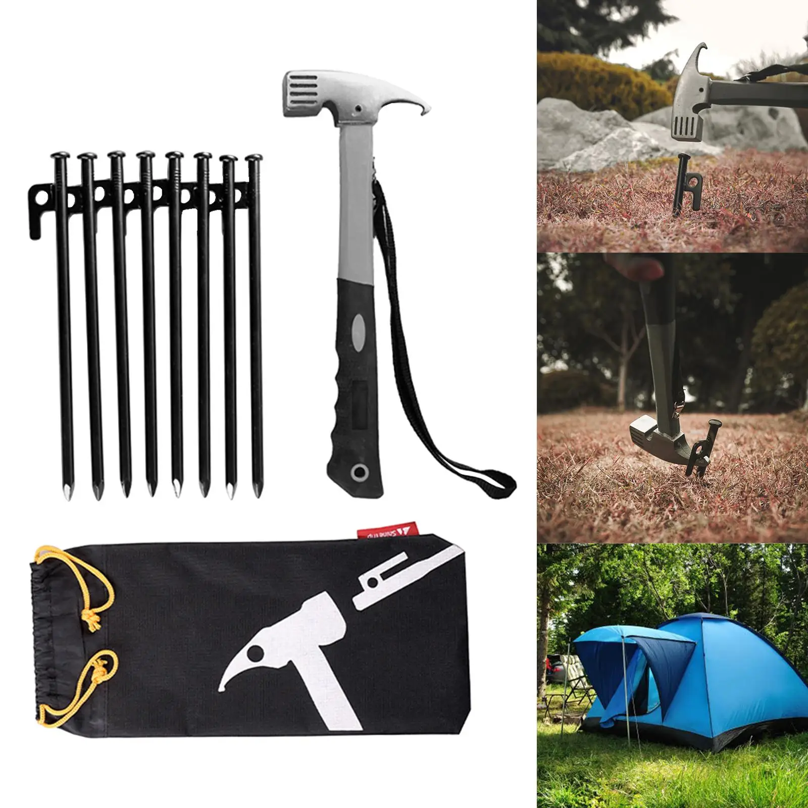 

Multi-Functional Tent Pegs Nails Hammer Kit W/ Storage Bag Portable Ground Nails for Camping Canopy Fishing Tarp Tent Supplies