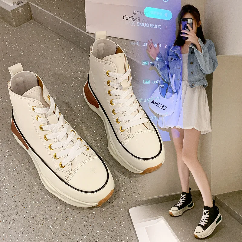 High-top Canvas Shoes Women's Sneakers 2022 Zapatos De Mujer Korean Fashion Platform Sneakers Lace-up Casual Lady Shoes Women