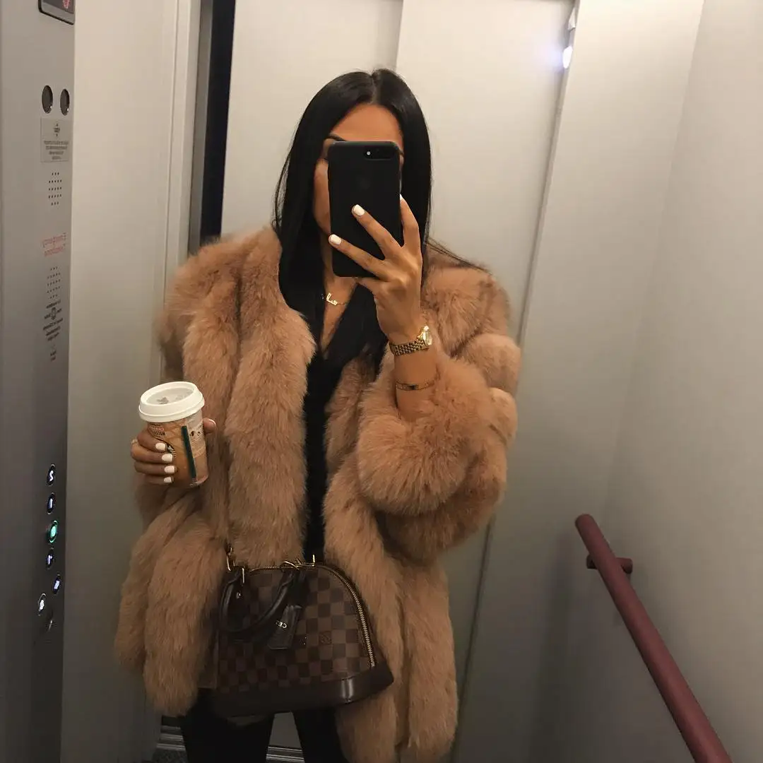 Large size ladies winter fox fur jacket long sleeve winter jacket ladies real fox fur coat leather jacket