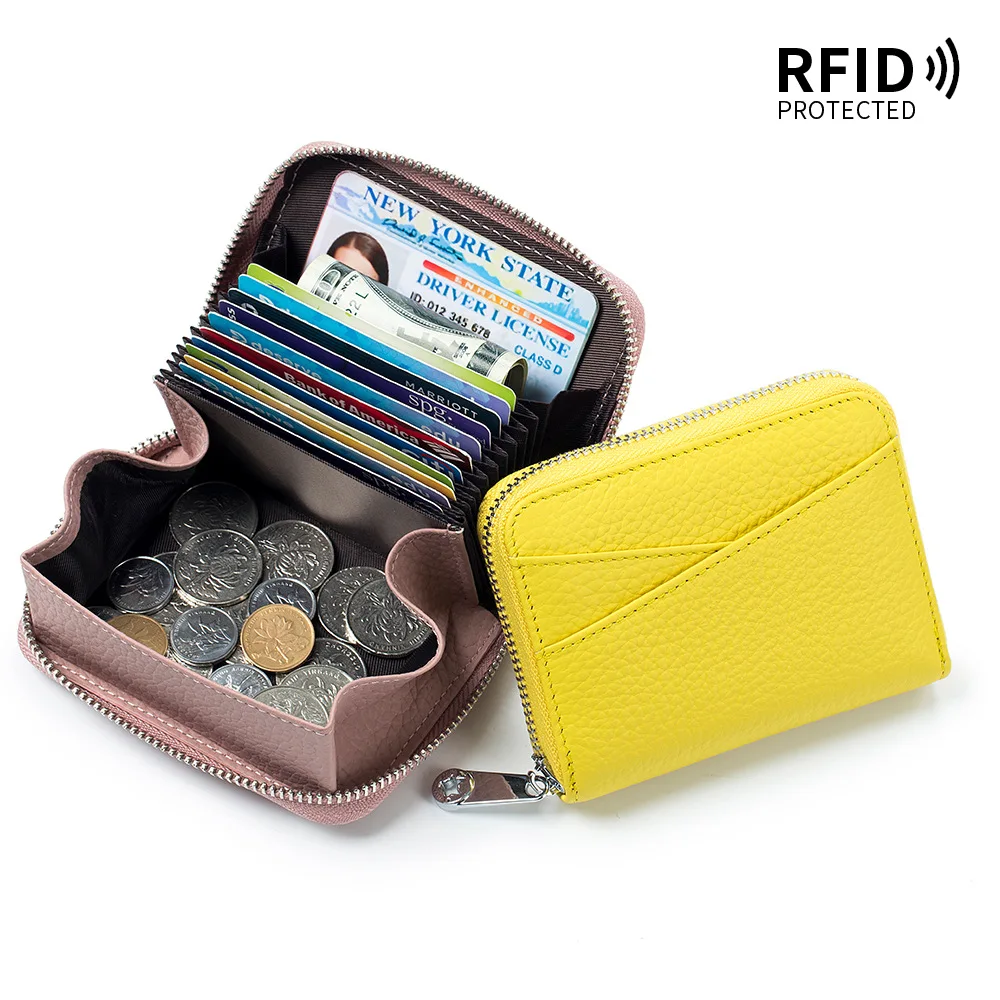 New RFID Blocking Unisex Card Holder Genuine Leather Men Simple Organ Card Wallets Women Zipper Smart Wallets with Coin Pocket