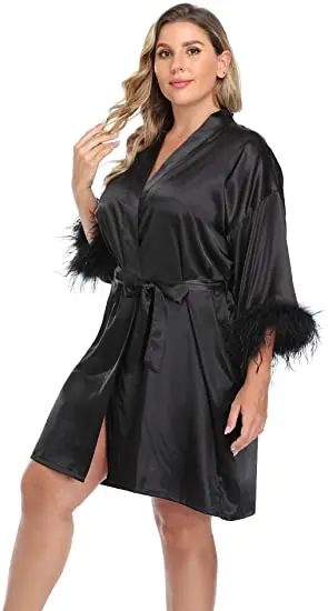 Restve Feathers Women Robes With Sashes White Long Sleeve V Neck Home Robe Sexy Female Satin Bathrobe Solid Winter Casual 2022 |
