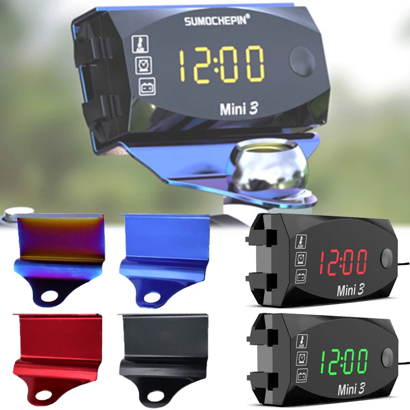 

LED Motorcycle Electronic Clock Thermometer Voltmeter with Voltmeter Bracket Digtal 3 In 1 12V IP67 Waterproof Dust-proof Watch