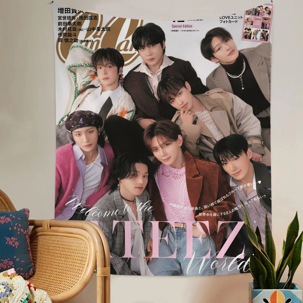 K-pop Ateez Anime Tapestry Hippie Flower Wall Carpets Dorm Decor Cheap Hanging