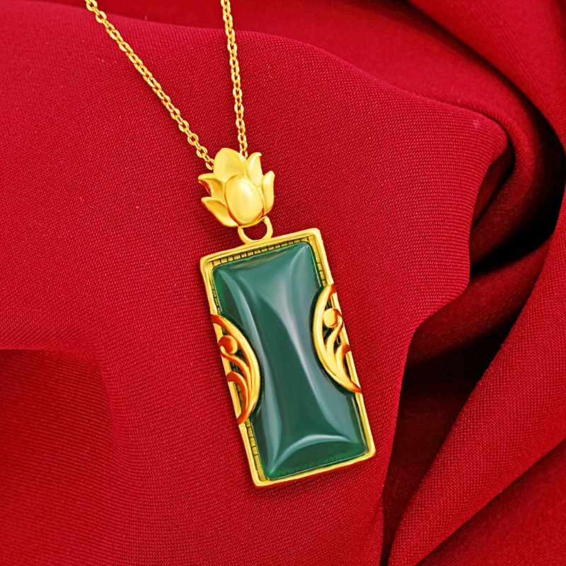 

Exquisite Lotus Rectangle Heart Pendant Women Jade Necklace Jewelry Vintage Golden Neck Chain Female Clavicle Accessories Gift
