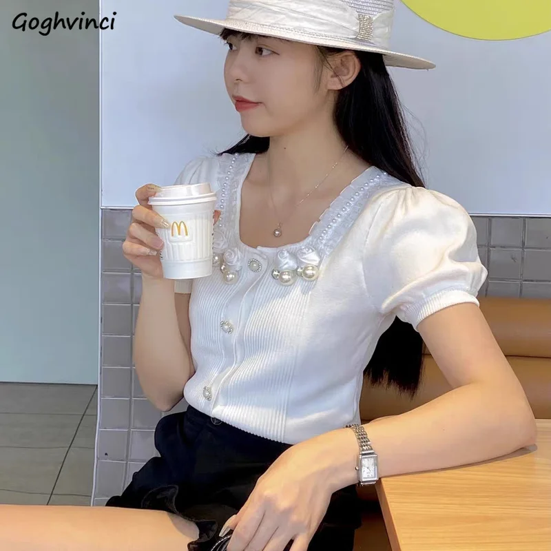 

3D Decoration T-shirts Women Summer Knitted Trendy Crop Tops Slim Cozy Leisure Square Collar Korean Style All-match Elegant Chic