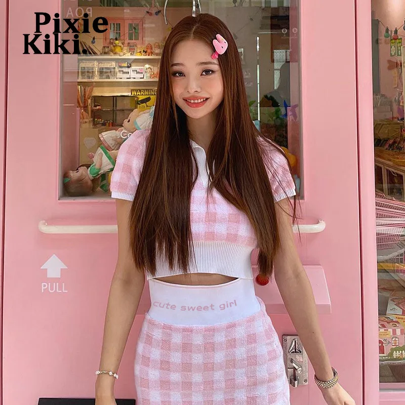 

Милая розовая клетчатая трикотажная юбка PixieKiki, комплект из двух предметов, подходящие комплекты для женщин, повседневная одежда Y2k, свитер, ...
