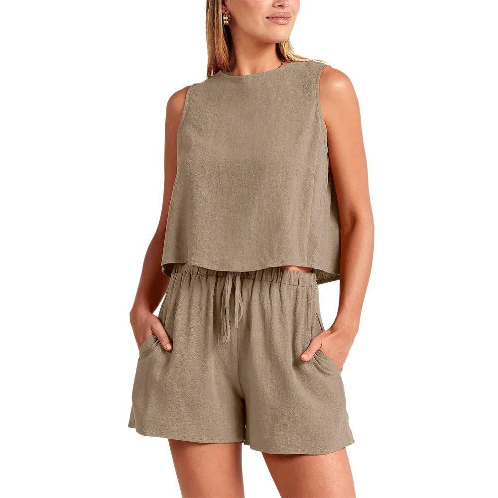 

Douhoow Women's Summer 2 Piece Outfits Shorts Sets Solid Color Button Sleeveless Crop Top Tank High Waisted Shorts Clothes Set