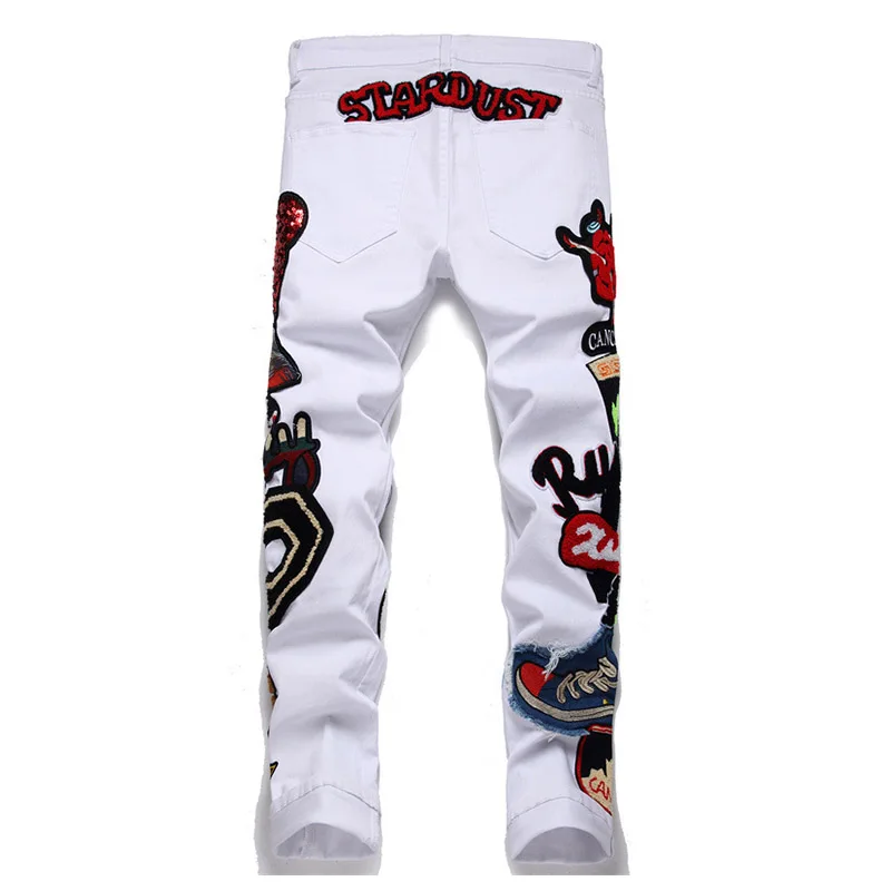 Hip Hop Embroidery Casual Streetwear Jeans Pants Slim Fit White Motorcycle Denim Trousers For Male Harakuju Patchwork