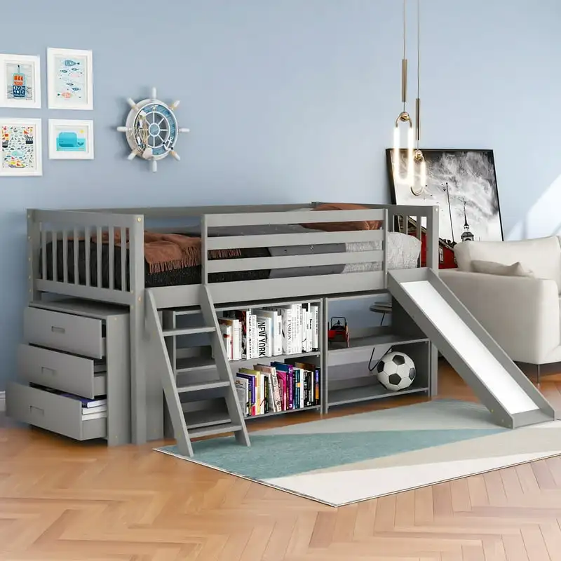 

Twin Size Low Loft Bed with Bookcase, Drawers, Ladder and Slide, Gray