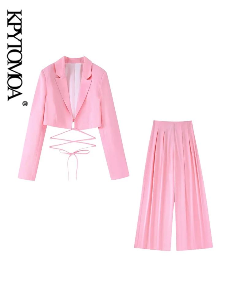

KPYTOMOA Women Fashion Front Tied Cropped Satin Blazer Coat And High Waist Zipper Fly Trousers Female Two Piece Sets Mujer