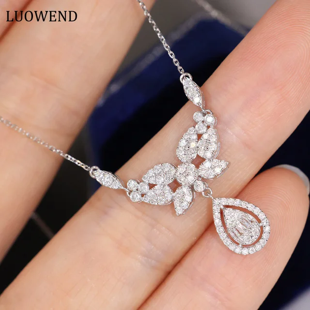 LUOWEND 18K White Gold Necklace Luck Clover Water Drop Design 0.60carat Real Diamond Pendant Necklace for Women Wedding Jewelry 1