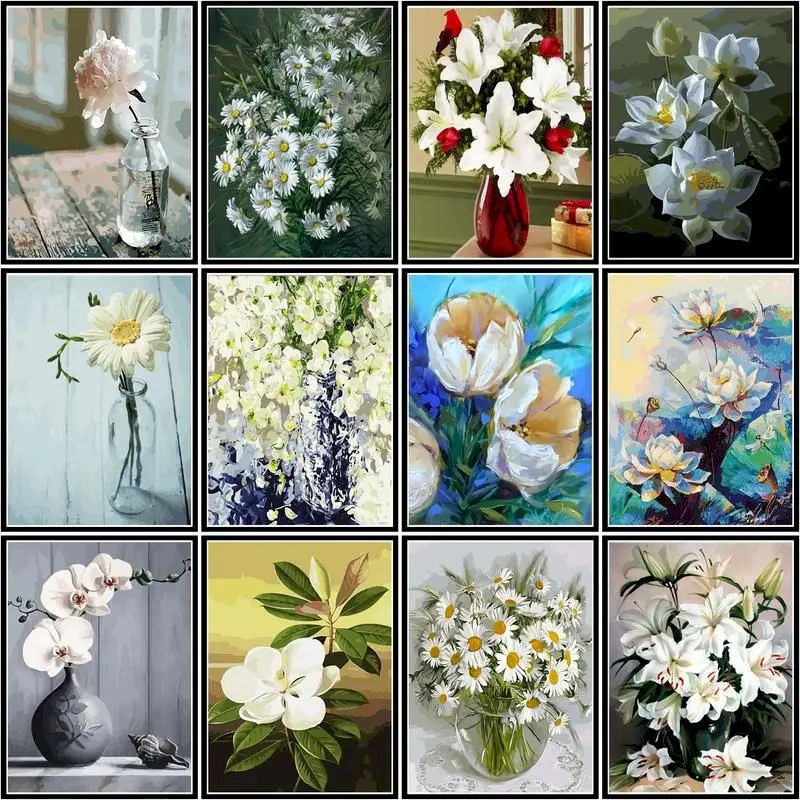 

CHENISTORY White Flower Painting By Number Drawing On Canvas Gift Pictures By Numbers Kits Handpainted Art Home Decor