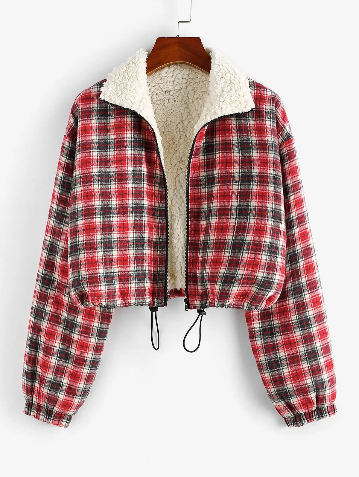 

ZAFUL Winter Coat Women Plaid Faux Shearling Lined Drawstring Zip Jacket Sherpa Fluffy Warm Turn Down Collar Outwear