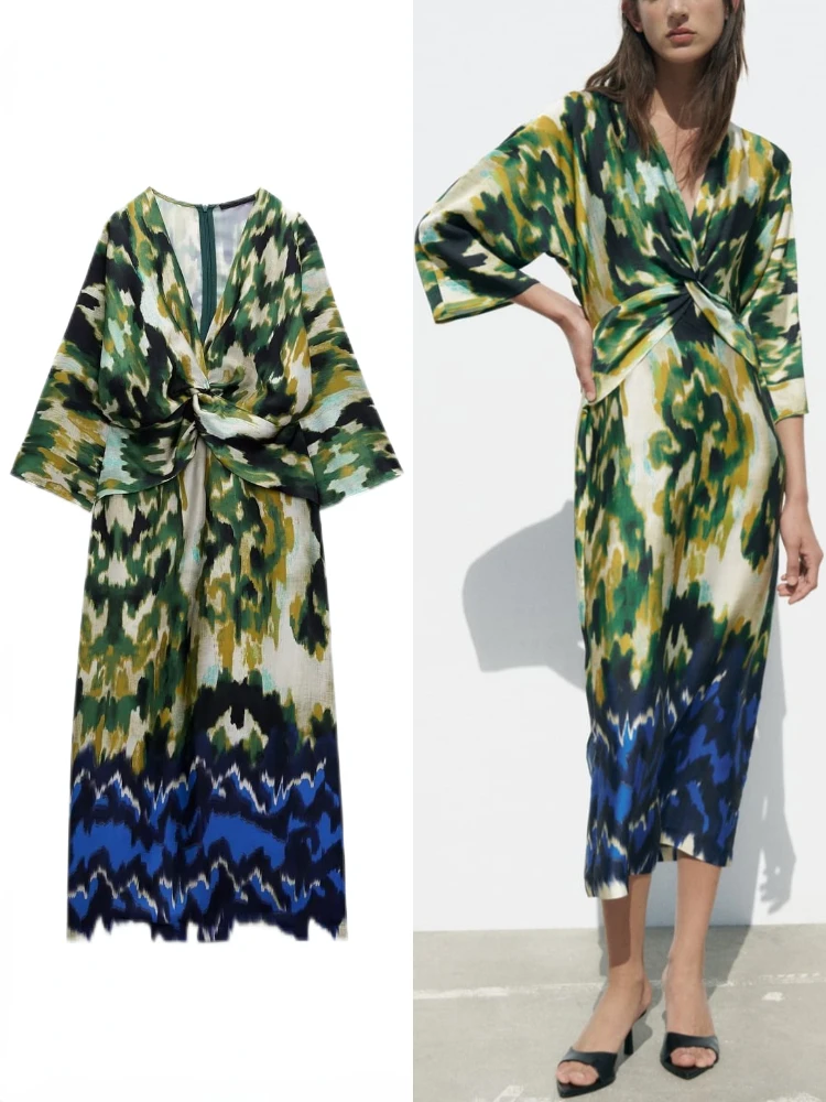 

ZBZA Women's Summer New Printed Tunic Long Dress Back Slit Knotted V-neck Three-quarter-sleeve French Vintage Printed Gown Dress
