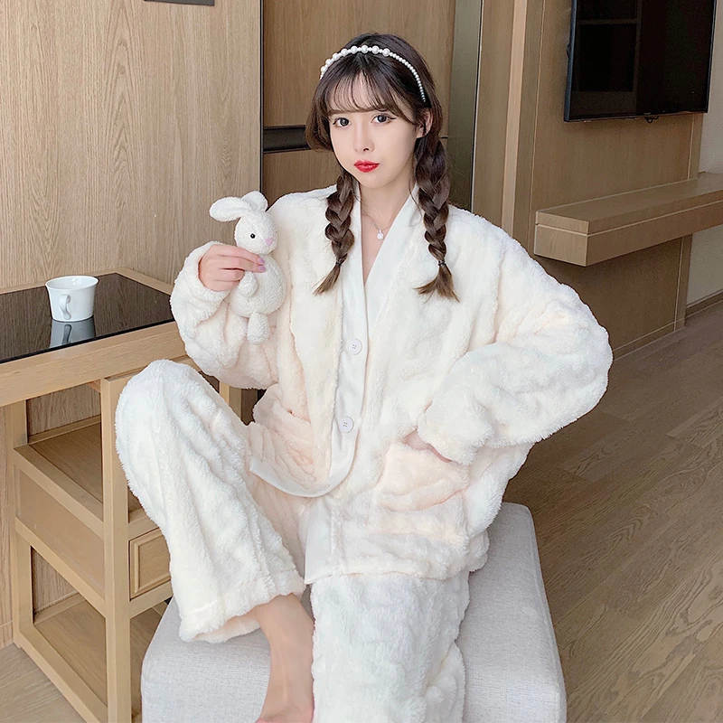 

Winter Autumn Women's Flannel Sleepwear V-neck Sexy Pijamas 2 Pieces Set Loungwear Soft Nightwear With Big Pocket Pajiamas
