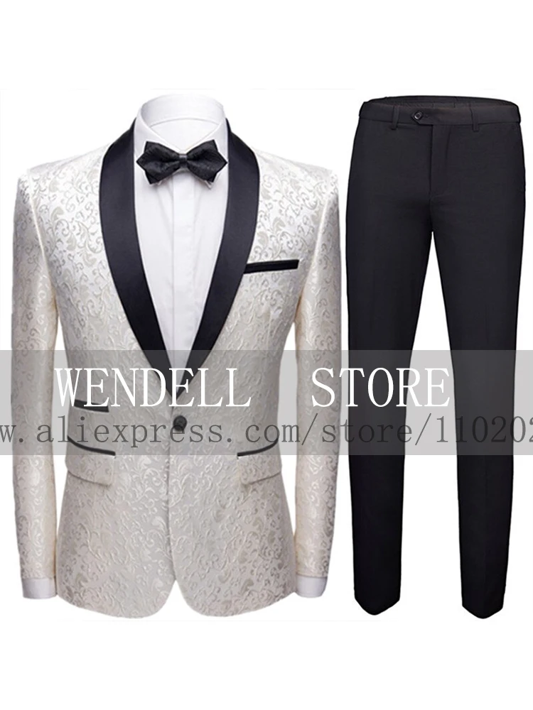 Boutique New Men's Jacquard Suit Single Button Lapel Formal Wedding Groomsmen Banquet (Customized Jacket + Pants+ Tie)