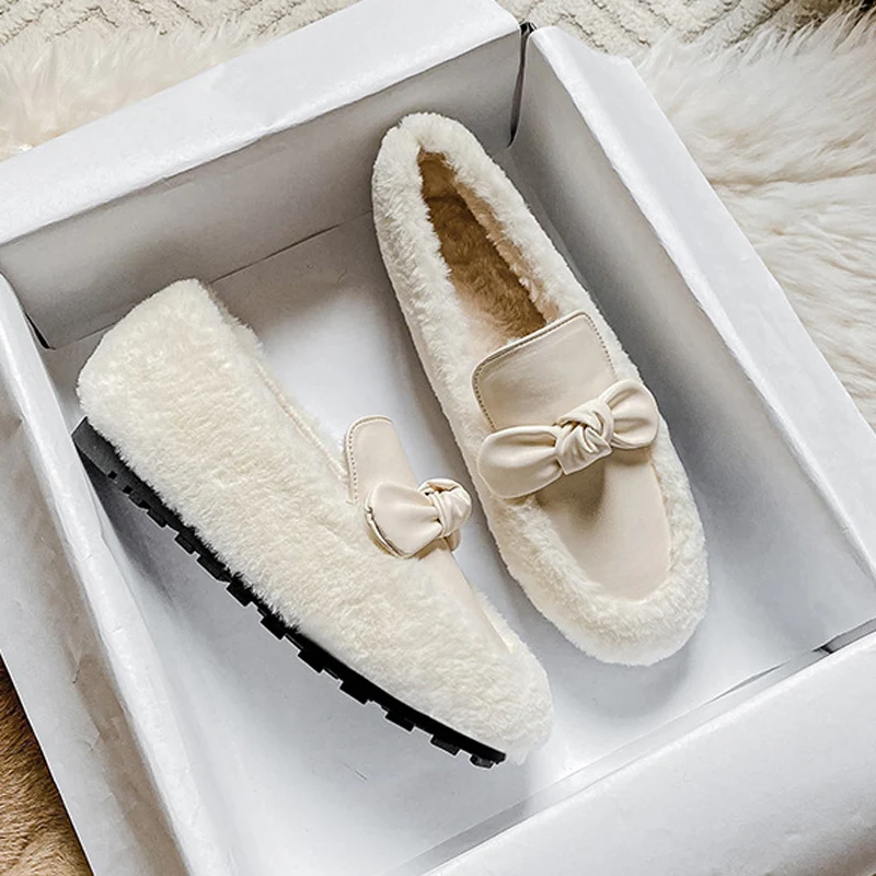 Winter Woman Sheep Fur Flats Bowknot Mocasines Plush Cotton Snow Boots Femme Hiver Lambswool Loafers Fuzzy White Wool Shoes