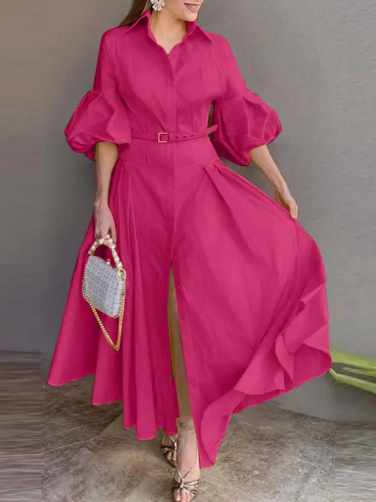 

VONDA Women Elegant Party Maxi Long Dress 2023 Sexy Lapel Neck Puff Sleeve Button Down Big Swing Shirt Dress OL Sundress Robe