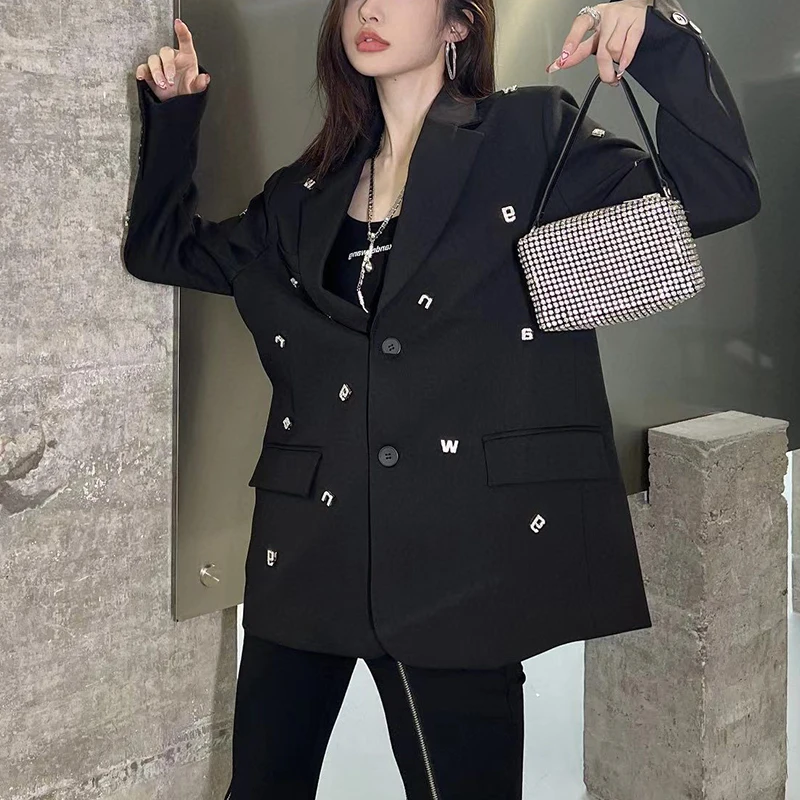 Design Sense Niche Suit Jacket for Women 2023 Autumn New Style Metal Letter Particle Wide Version All-Matching Suit Coat